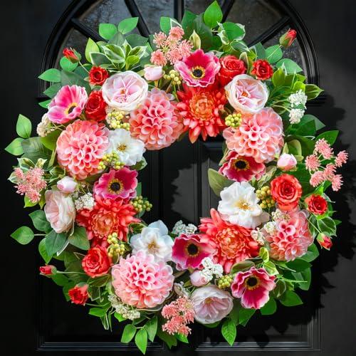 Spring Wreaths for Front Door Outside– 24 Inch Spring Door Wreath with Artificial Dahlia,Chrysanthemum,Rose and Anemone Floral Wreath with Greenery,Colorful Welcome Summer Wreaths for Front Door