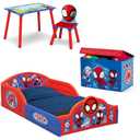 Delta Children - Marvel Spidey and His Amazing Friends 4-Piece Toddler Room-in-a-Box Set  Includes Sleep and Play Toddler Bed, Table, 1 Chair and Fabric Toy Box, Blue/Red