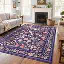 Przemy Area Rugs for Living Room, 5x7 Washable Rug Floral for Kid's Bedroom, Non Slip Rustic Carpet for Office Bedside Floors Indoor, Purple