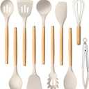 HaWare Silicone Cooking Utensils Set, 10-Piece Chef Kitchen Non-Stick Cookware with Wooden Handle, 450F Heat Resistant - Khaki