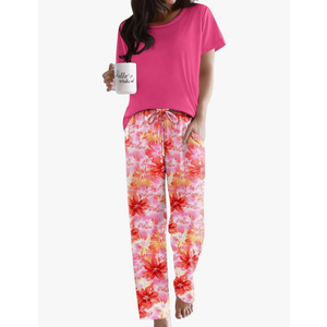 Ekouaer Pajama Sets for Women Round Neck Pjs Short Sleeve Sleepwear with Long Pants Loose Lounge Sets M