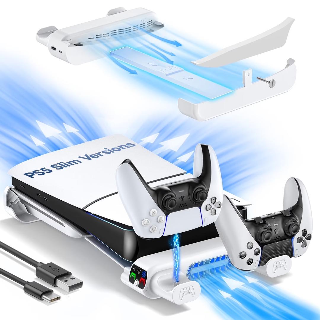 PS5 Slim Horizontal Cooling Stand, Dual PS5 Controller Charger with 3-Level Cooling Fan