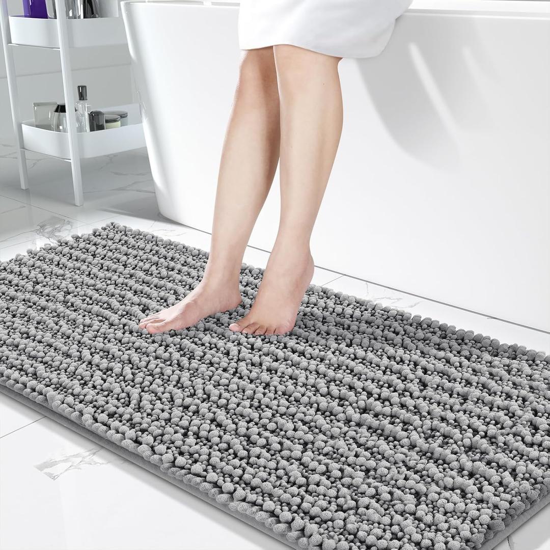 Yimobra Bathroom Runner Rug Mat 60.2 x 24, Non-Slip Soft Shaggy and Comfortable Large Size Chenille Bath Rug, Super Absorbent and Thick, Machine Washable, Long Bathroom Rug, Grey