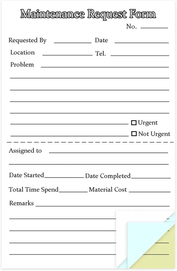 Generic 300 Sets Maintenance Request Forms, 3 Part Carbonless, 6 Pack 5.5 x 8.5 Inch Maintenance Request Slips, Repair Request Forms (50 Sets Each Pad), WHITE Generic 300 Sets Maintenance Request Forms, 3 Part Carbonless, 6 Pack 5.5 x 8.5 Inch Maintenance Request Slips, Repair Request Forms (50 Sets Each Pad), WHITE