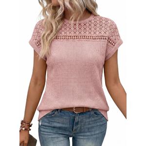Dokotoo Women's Tops Casual Scoop Neck Short Sleeve Waffle Knit Hollow Out Shirts Loose Tunic Tops Blouses (Pink, XL)
