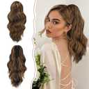 SOFEIYAN 14" Ponytail Extension, Short Wavy Claw Clip in Ponytail Hair Extension Synthetic Hairpieces Dark Brown/Golden Auburn Layered Natural Fluffy Curly Drawstring Ponytail Hair Piece for Women