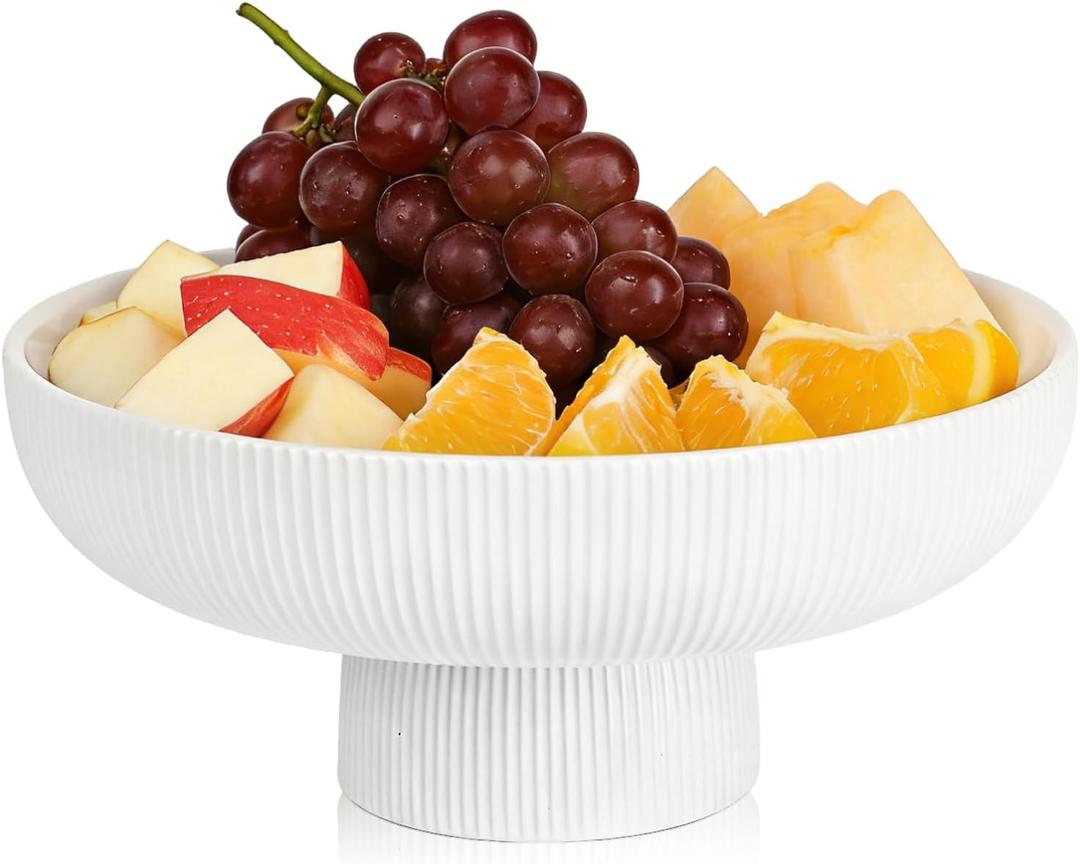 Ceramic Fruit Bowl, 10" White Fruit Bowl for Kitchen Counter with Drainage Hole, Removable Pedestal Fruit Bowl with Non-Slip Pad, Large Decorative Fruit Bowl for Fruit, Vegetable, Salad, Snack