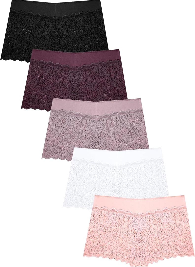 Womens Underwear Lace Boy Shorts Breathable Panties Stretch Cotton Waistband Underwear Women 5 Pack (Small)