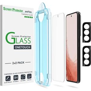 amFilm OneTouch Screen Protector for Samsung Galaxy S22 Plus 6.6 inch, Samsung Galaxy S22 + 6.6 inch, 9H Hardness with Camera Lens Protector, Bubble Free, Tempered Glass, 2 Pack