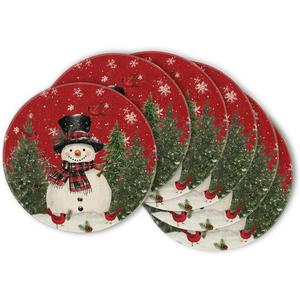 Artoid Mode Snowman Trees Snowflakes Christmas Round Placemats Set of 6, 14 Inch Winter Round Table Mats for Dining Decoration (Red)