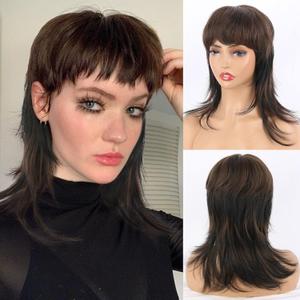 Mullet Wigs for Black Women WolfCut Wig Layered Wavy Wig with Bangs, Mullet Wig Short Pixie Cut Wigs 80s 90s Wigs for Women Synthetic Shaggy Wig Full Machine Made Wig(Brown mixed with black)