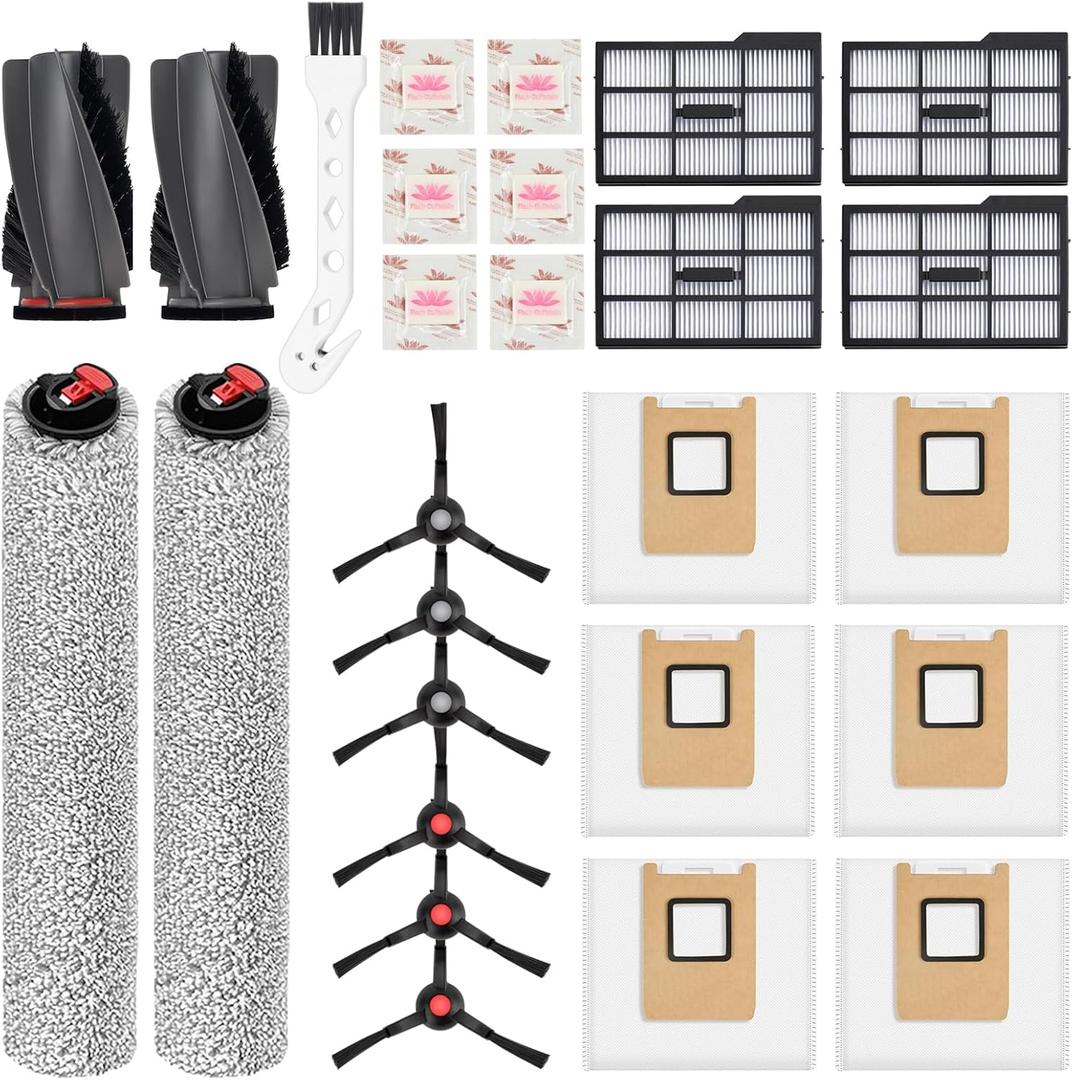 26 Count Replacement Kit for Eufy E25 / E28: 1 Pair Main Brushes, 2 Roller Mops, 4 HEPA Filters(Right), 6 Side Brushes, 6 Dust Bags, 6 Scented Tablets (for Dust Bag Odor Control) + Cleaning Brush
