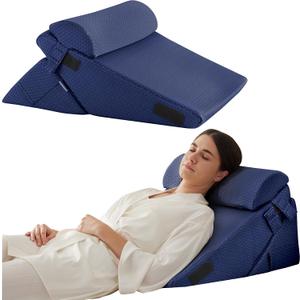Bedluxe 3Pcs Orthopedic Bed Wedge Pillow Set, Foam Wedge Pillow Post Surgery for Back, Leg and Knee Support, Adjustable 9&12 Inch Folding Triangle Pillow for Sleeping, Acid Reflux, Snoring, Navy, Adjustable 9&12 Inch + 1 Head Pillow