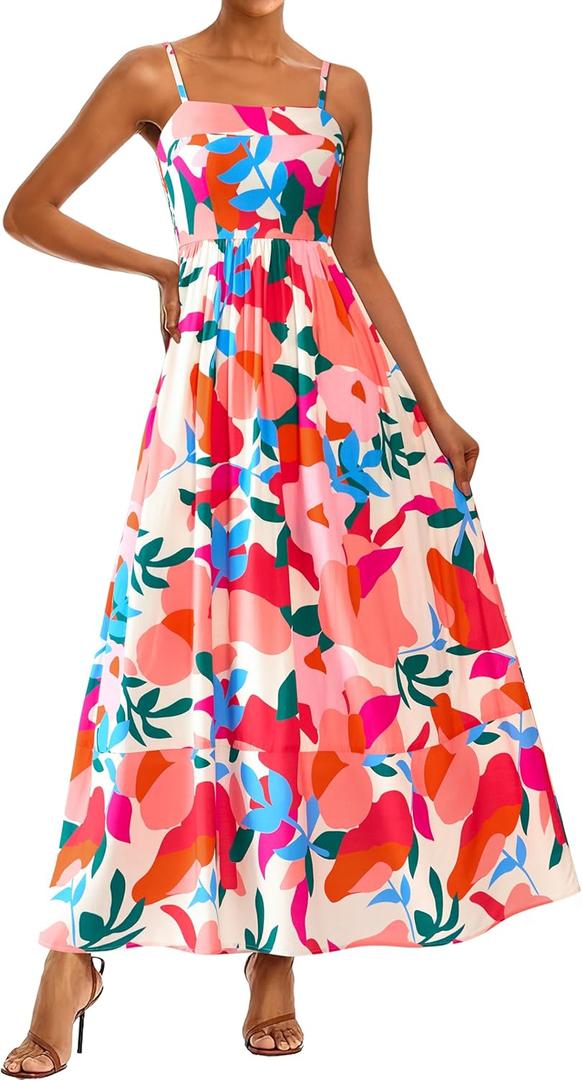 PRETTYGARDEN Summer Dresses for Women 2025 Beach Maxi Dress Spaghetti Strap Floral Boho A Line Wedding Guest Flowy Long Dress (Floral Beige Multicolored) S
