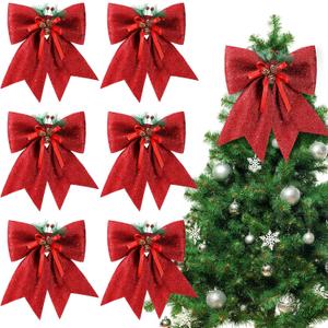 6 Pcs Christmas Bows - Large Glitter Christmas Decorative Wreaths Bows Xmas Tree Topper with Pine Cone for Holiday Party Indoor Outdoor Decor(11 Inch, Red)