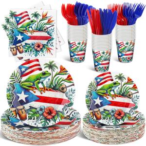 FoldTier 350 Pcs Puerto Rico Party Supplies Disposable Paper Plates Napkins Cups Puerto Rico Theme Birthday Party Decorations Tableware Flag Frog for Holiday Festival Family Friends Serve 50 Guests