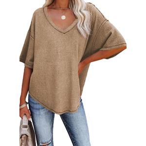 Dokotoo Womens Plus Size Ladies V Neck Oversized Short Sleeve Shirts Waffle Knit Tunic Tops Loose Fit Casual Flowy Blouses Office Fashion 2023 Summer Khaki XL