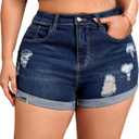 MapleHub Plus Size Women's Ripped Denim Jean Shorts High Waisted Stretchy Folded Hem Short Jeans (Dark Blue 2)