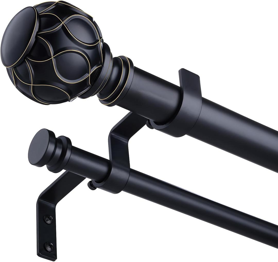 Black Double Curtain Rod, 36 to 72 Inch Dual Curtain Rods with Boho Netted Texture Finials, Decorative 1 Inch Adjustable Window Treatment Rods, Antique Vintage Farmhouse Double Drapery Pole