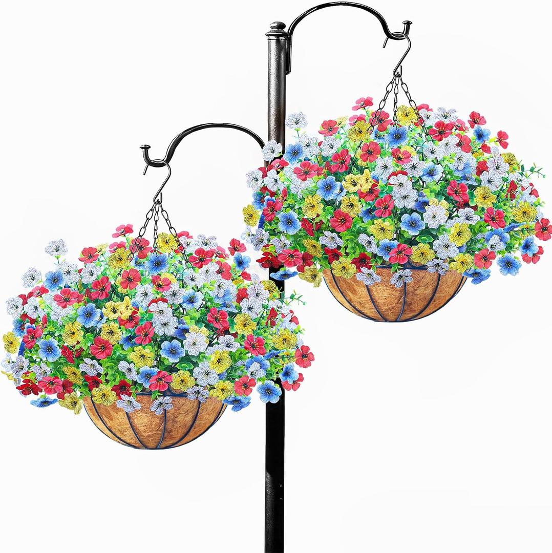 2 Set Artfiticial Hanging Flowers Baskets for Outdoors,Red Blue, 2 Pcs