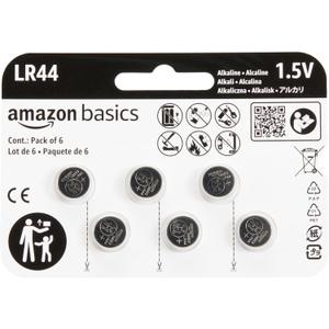 Amazon Basics 6-Pack LR44 Alkaline Button Cell Replacement Battery, 1.5 Volt, Long Lasting Power, Mercury-Free