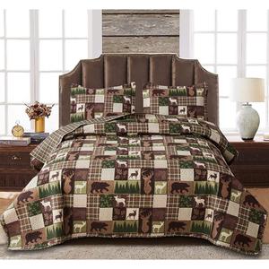 Reversible Lodge Plaid Bedding Moose Bear Quilt Full/Queen Size Rustic Bedspread Cabin Coverlet Wildlife Forest Daybed Cover Summer Lightweight Bed Cover Pillow Shams (Brown Green)