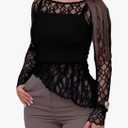 CHICME Womens Long Sleeve Mesh Top Round Neck Lace Floral See Through Blouses Casual Asymmetrical Shirt, Without Tank, L