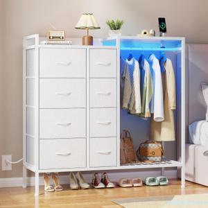 HIGDBFE Dresser with Hanging Rack, 8-Drawer Dresser for Bedroom with Charging Station & LED Lights, Fabric Dressers with Shoe Rack, Chest of Drawers with Wooden Top for Bedroom, White, 11.8" D