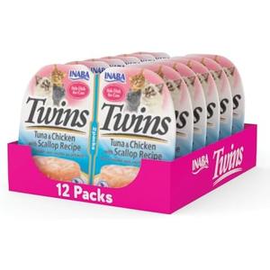 INABA Twins for Cats, Shredded Chicken & Broth Gelée Side Dish/Topper Cups with Green Tea Extract, 1.23 Ounces per Serving, 12 Servings, Tuna & Chicken with Scallop Recipe BB 03/25/2027