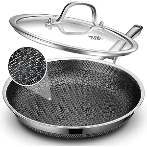 Frying Pan with Lid, 12 Inch Hybrid Non Stick Stainless Steel Skillets, Dishwasher Induction Oven Broiler Safe, Non Toxic Chef's Pan, PFOA Free Cookware