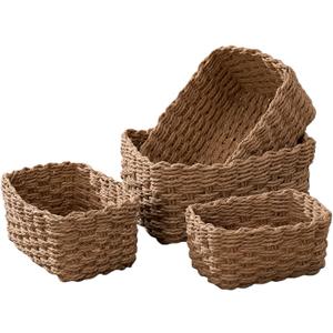 4PCS Woven Storage Baskets Set, Small Baskets for Organizing, Square Handwoven Paper Rope Organizer Bins for Shelves and Home Storage (Brown)