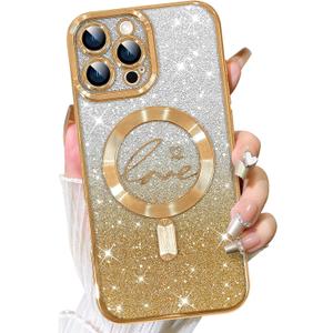 Fiyart Designed for iPhone 16 Pro Max Case,Compatible with MagSafe Love Hearts Plating Camera Protection TPU Magnetic Glitter Shockproof Phone Bumper for Women Girls 6.9"-Gold