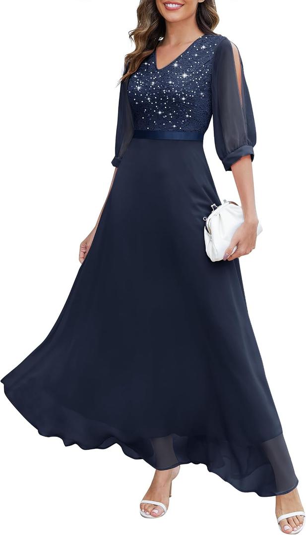 Wedtrend Women's Sequin Dresses Sparkly Glitter Dress Split Sleeves Formal Dresses Maxi Evening Dress (Blue, XL)