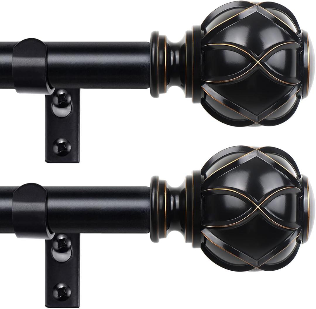 Black Curtain Rods 2 Pack, HOTOZON Curtain Rods for window 32 to 58 Inch, New Splicing Window Rods for Windows, 3/4 Inch Single Drapery Rod with Netted Finials