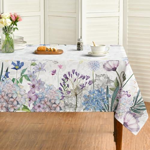 Horaldaily Spring Tablecloth 58*80 Inch Rectangular, Purple Spring Flowers Washable Seasonal Table Cover for Party Picnic Dinner Decor