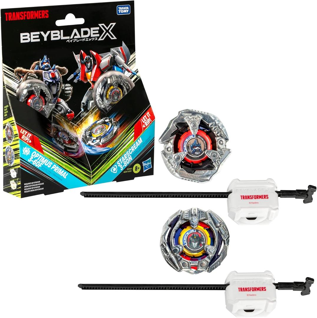 Beyblade X Transformers Collab Optimus Primal 3-60F vs. Starscream 3-80N Multipack Set with 2 Tops & 2 launchers; Battling Top Toys for 8 Year Old Boys & Girls