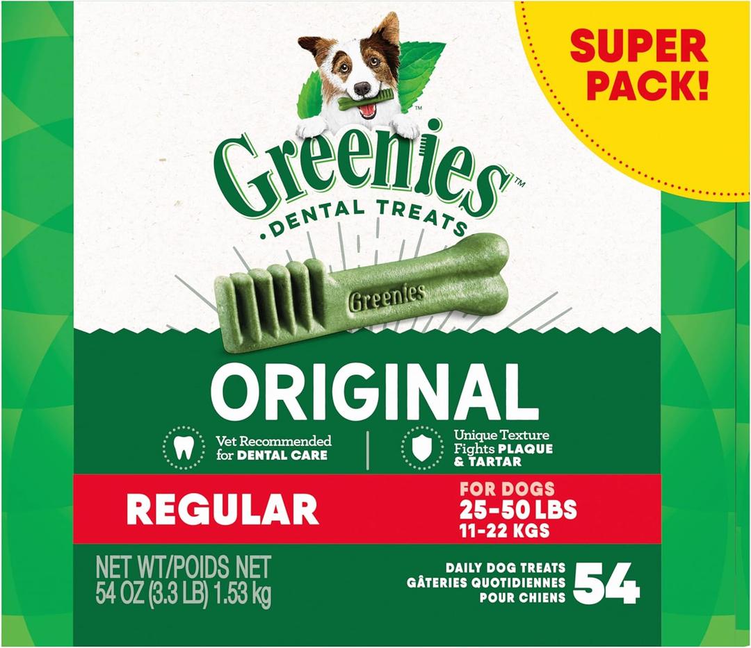 Greenies Veterinarian-Recommended Adult Natural Dental Dog Treats Regular Size, Dog Dental Chews, Original Flavor, 54 oz. Pack, 54 Count (EXP 07/27/29)