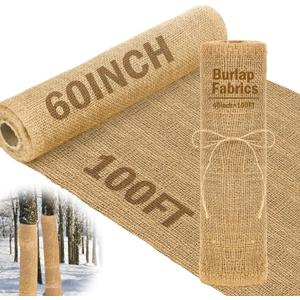 Buryeah 60 Inch x 100 ft Burlap Fabrics Roll Natural Burlap Tree Wrap Winter Garden Frost Plant Protection Blankets Cloth Weed Barrier Fabric Jute for Outdoor Trees Shrubs Craft Home Party Decor