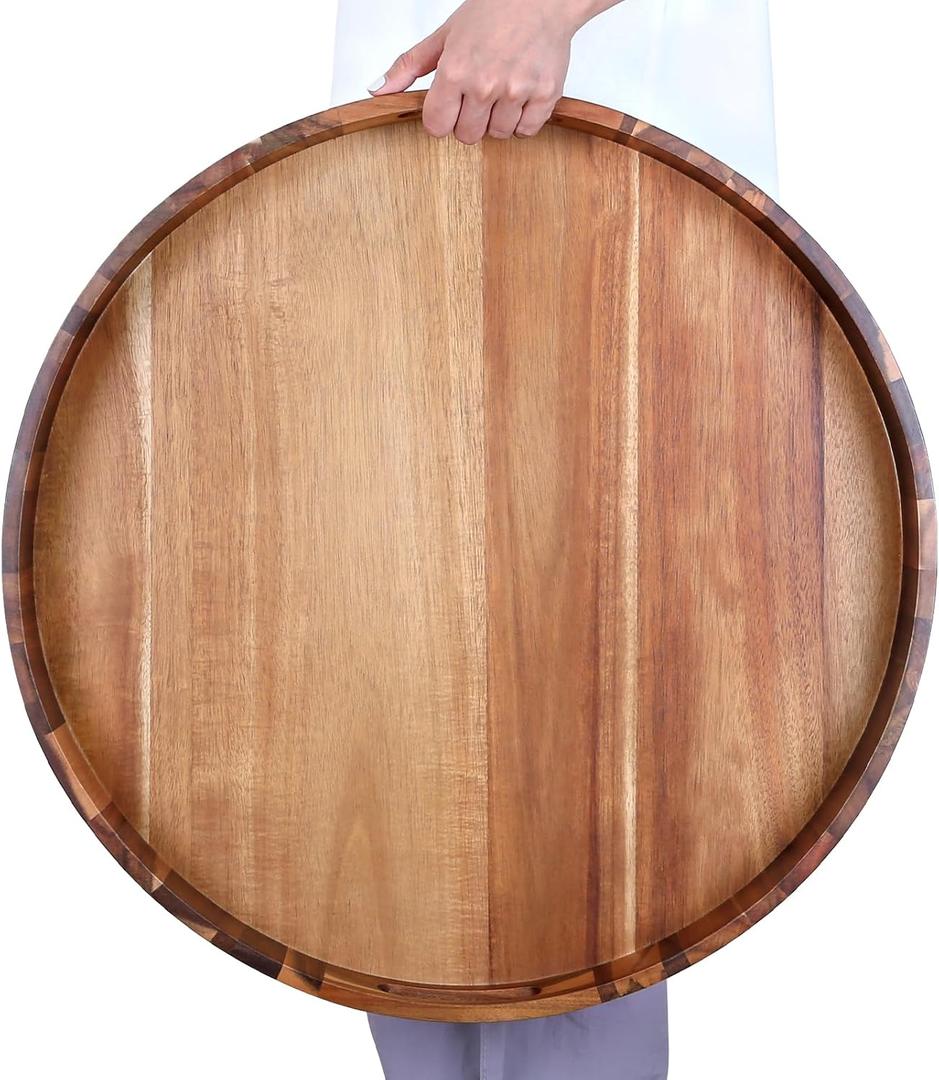 Extra Large 20INCH Premium Acacia Wood Tray Round Ottoman Tray with Handles Wooden Serving Tray Multi-Use for Dinner Breakfast in Bed Coffee Table Snack Entertaining Guests