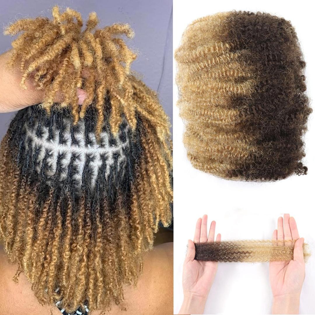 HAPPY&CC Afro Kinky Bulk Human Hair For Dreadlocks and Twist 50 Gram Per Bundle Soft Light Weight #4 Brown Color Ombre To #27 Honey Blonde 14 Inch Afro Kinky Curly Bulk Human Hair for Micro Braiding