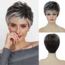 Swiking Women Short Grey Pixie Cut Wig with Bangs Dark Roots Soft Layered Synthetic Hair Wig Daily Costume Wigs(Grey Mix Brown)