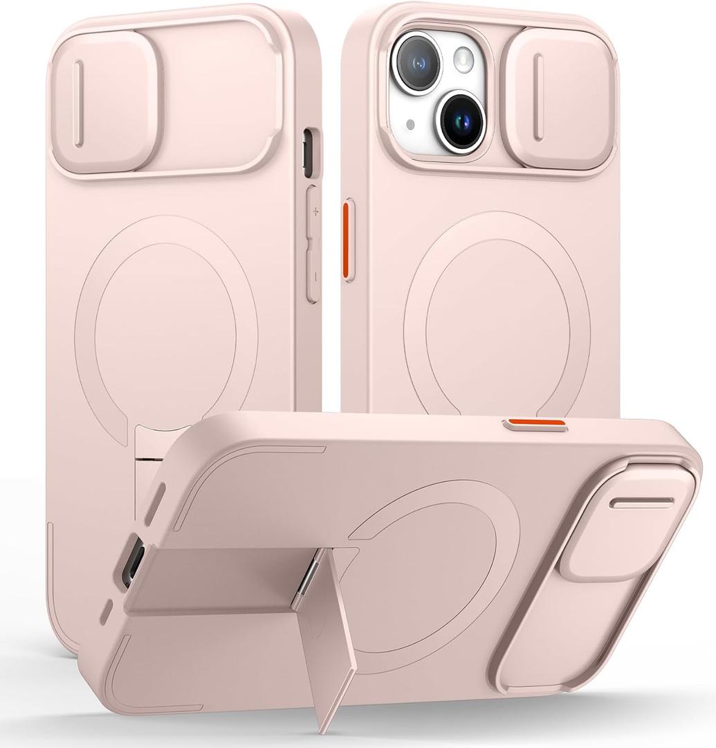 SURITCH for iPhone 13/14 Case with Magnetic Camera Slide Cover and Adjustable Kickstand, Compatible with MagSafe, Shockproof Bumper Case Slim Protective Cover for iPhone 13/14 6.1 Inch, Pink
