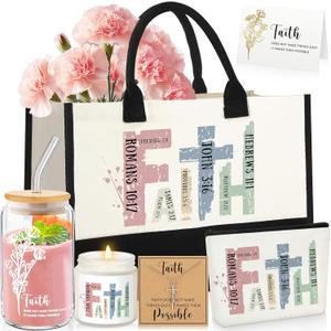 6 Pcs Christian Gifts for Women Faith Set Mother's Day Religious Gift for Women with Tote Bag Makeup Bag Candle Cross Necklace Cup Greeting Card for Church Grad Birthday(Faith, Morandi)