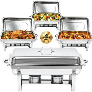 9QT Chafing Dishes for Buffet 4 Pack with 4 Full-Size Pans Silver