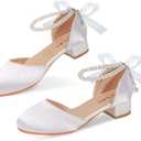 MEJORMEN Girls Heels Flower Dress Shoes Sandals Bow Pearl Ankle Strap Mary Jane Pumps Wedding Party Princess Shoes for Big Girl, 13 Little Kid
