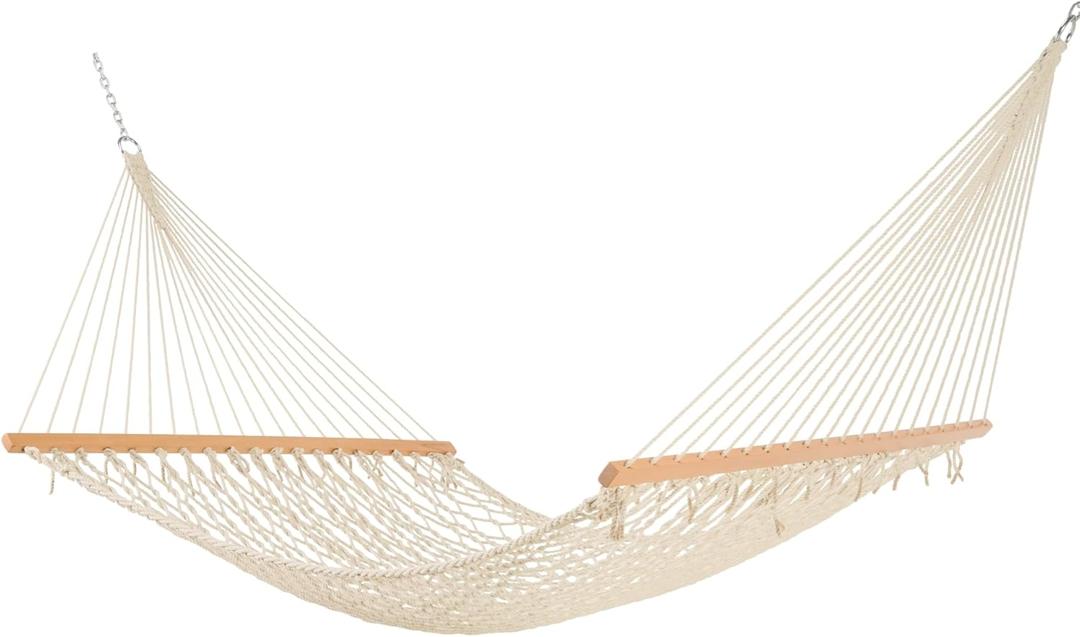 Castaway Living 13 ft. Double Traditional Hand Woven Cotton Rope Hammock  2-Person, 450 lb Capacity, Free Extension Chains & Tree Hooks, Designed in The USA (Natural)