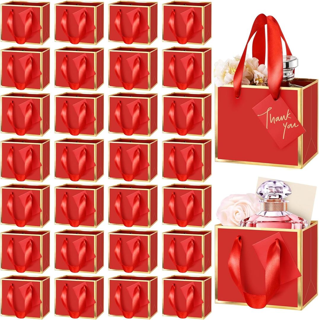 Yeaqee 50 Pcs Mini Metallic Paper Gift Bags with Handle 4x4.75x2.2'' Small Gift Bag DIY Tag Thank You Party Favor for Mother's Day Wedding Graduation Baby Shower Birthday Jewelry (Red,Gold)