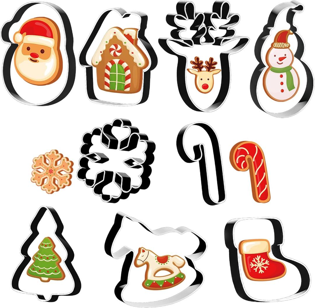 Christmas Cookie Cutters - 9 PCS Christmas Party Favors Decorations Kit Shaped in Santa Snowman Cane Candy |Stainless Steel Navidad Stroking Stuffers Food Gingerbread Baking Press Supplies for Kitchen