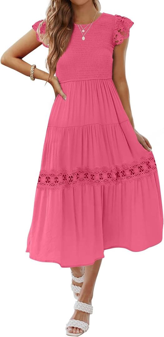 ZESICA Womens Summer Flutter Sleeve Smocked Lace Midi Dress | Casual Flutter Short Sleeve Dress, Boho Long Dress, Smocked High Waist Dress, Flowy A Line Dresses, Beach, Vacation, Party (Pink, S)
