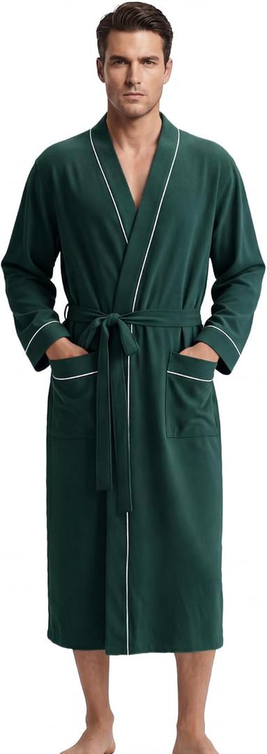 U2SKIIN Men's 100% Cotton Lightweight Robe, Soft Breathable Bathrobe with Pockets, Classic Kimono Spa Robe for Men (XX-Large-3X-Large, Dark Green)